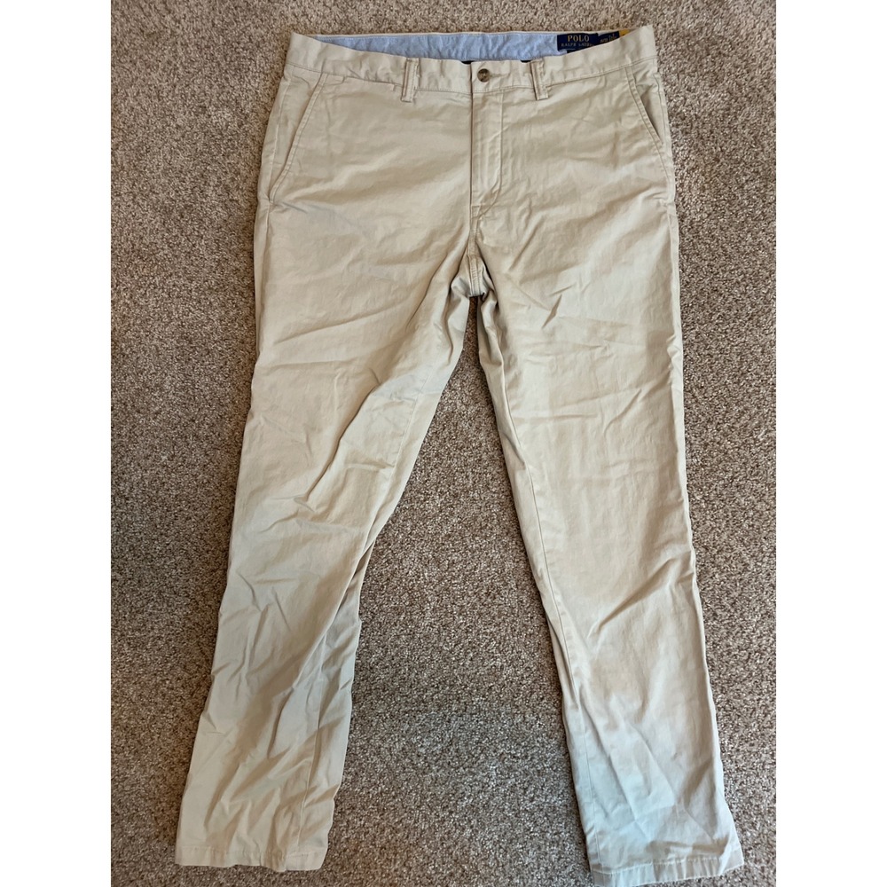 Polo Ralph Lauren Men's Chino Pants 35x32 Tan Slim Fit Stretch Flat Front Preppy